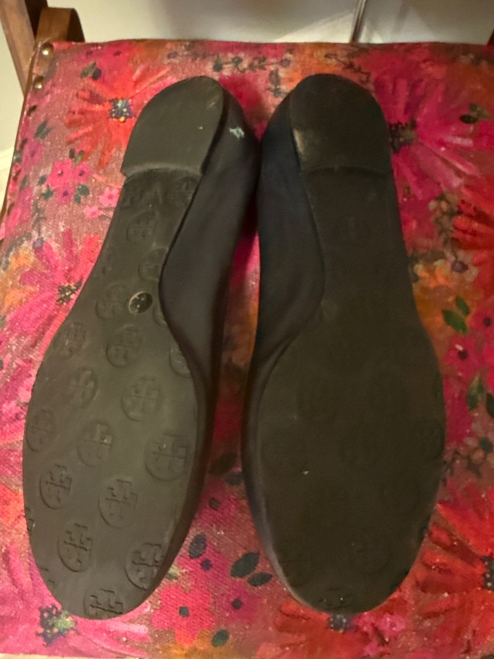 Tory Burch Dark Navy Leather Logo Round-Toe Ballet Flats - Picture 2 of 8
